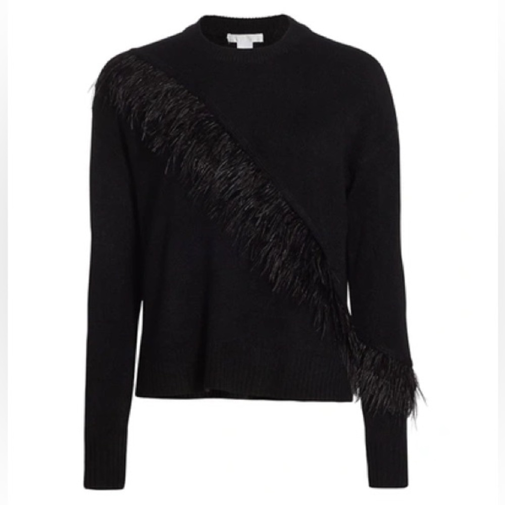 DESIGN HISTORY Feather Trim Crew Sweater In Black Sz XS
